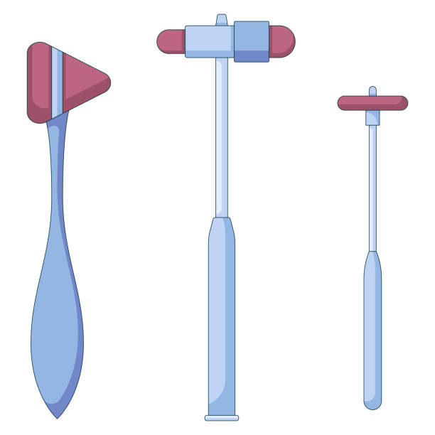 Different hammers for checking reflexes from patient, doctor supplies icon set in a flat style. Vector illustration rubber mallet stock illustrations