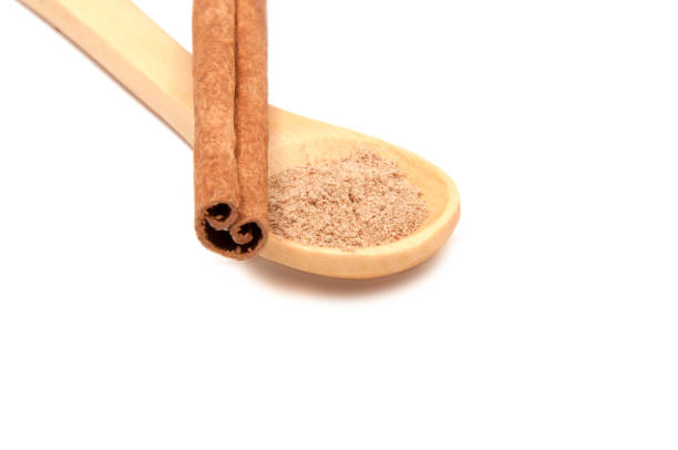 istock Cinnamon spice sticks with spoon isolated on the white 1345461153