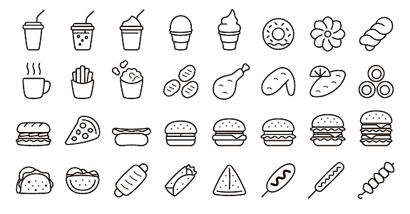 This is a set of fast food icons. This is a set of simple icons that can be used for website decoration, user interface, advertising works, and other digital illustrations.