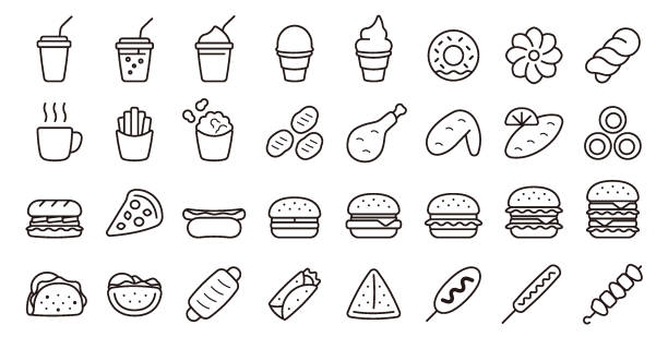 Fast Food Icon Set (Thin Line Version) This is a set of fast food icons. This is a set of simple icons that can be used for website decoration, user interface, advertising works, and other digital illustrations. flatbread stock illustrations