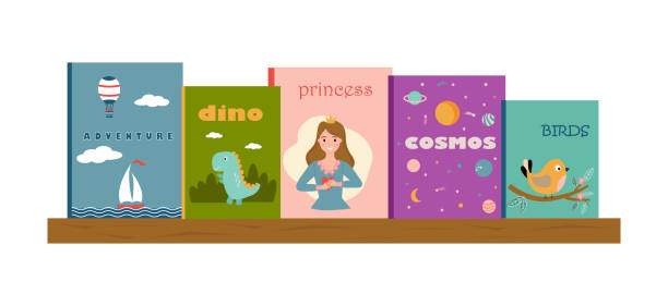illustrazioni stock, clip art, cartoni animati e icone di tendenza di libreria con libri per bambini. copertine illustrate di libri. letteratura per bambini. lettura per bambini. copertine di libri colorati. vista frontale dei libri. banner per biblioteca, libreria, fiera, festival. - libro illustrato