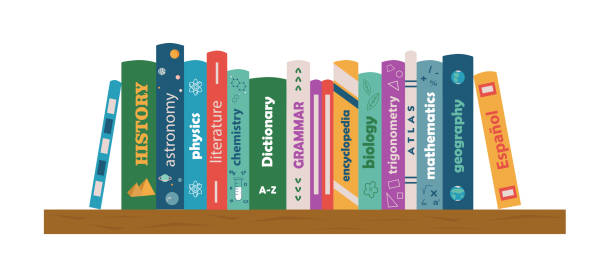 Bookshelf with textbooks. Literature for study. Mathematics, biology, chemistry, history, literature, physics, astronomy,dictionary. Banner for library, bookstore, fair, festival. Bookshelf with textbooks. Mathematics, biology, chemistry, history, literature, physics, astronomy,dictionary. educational subject stock illustrations