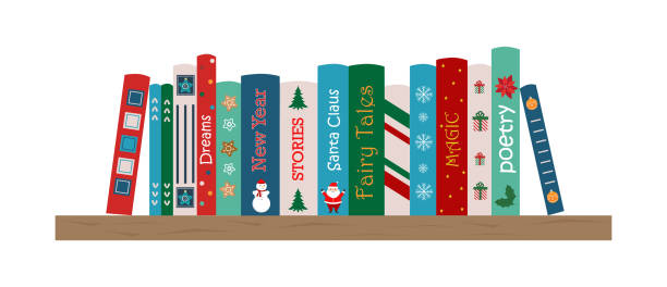 크리스마스 책이있는 책장. 어린이 책선반. 겨울 독서. 크리스마스 독서. 요정 꼬리, 이야기, 시. 겨울, 크리스마스, 새해에 관한 책. 벡터 그림입니다. - bookstore book stack backgrounds stock illustrations