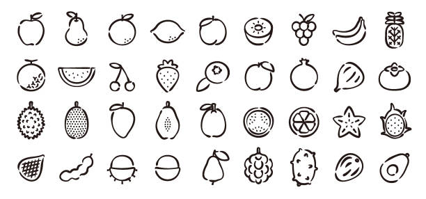 illustrations, cliparts, dessins animés et icônes de ensemble d’icônes de fruits (version dessin à la main) - kawani fruit