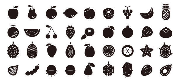 Fruit Icon Set (Flat Silhouette Version) This is a set of fruit icons. This is a set of simple icons that can be used for website decoration, user interface, advertising works, and other digital illustrations. fruit silhouettes stock illustrations