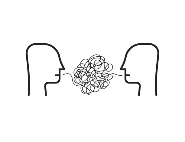 two person with difficult communion two person with difficult communion. concept of brawl and hard speaking by abuser and depression or stress or anxiety. outline simple trend modern graphic linear design isolated on white background couple on bad date stock illustrations