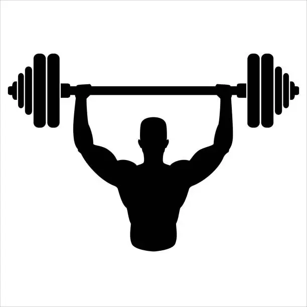 Vector illustration of Fit Man Holding Barbell Over His Head icon. Silhouette of a bodybuilder holding a barbell overhead. Black and white barbell illustration, isolated on white background. Gym. Raising the barbell. Vector