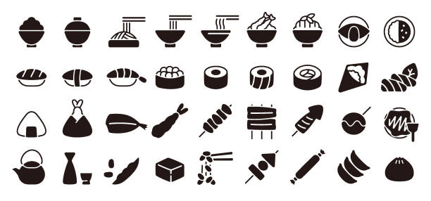 illustrazioni stock, clip art, cartoni animati e icone di tendenza di set di icone alimentari giapponesi (versione flat silhouette) - okonomiyaki