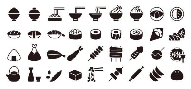 Japanese Food Icon Set (Flat Silhouette Version) This is a set of Japanese food icons. This is a set of simple icons that can be used for website decoration, user interface, advertising works, and other digital illustrations. natto stock illustrations