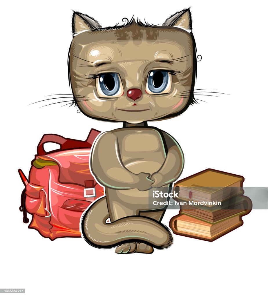 Little Kitten Wants To Go To School Backpack And Books A Cute Baby Animal  Dreams Of Learning Picture In Cartoon Style Isolated Over White Background  Vector Stock Illustration - Download Image Now -