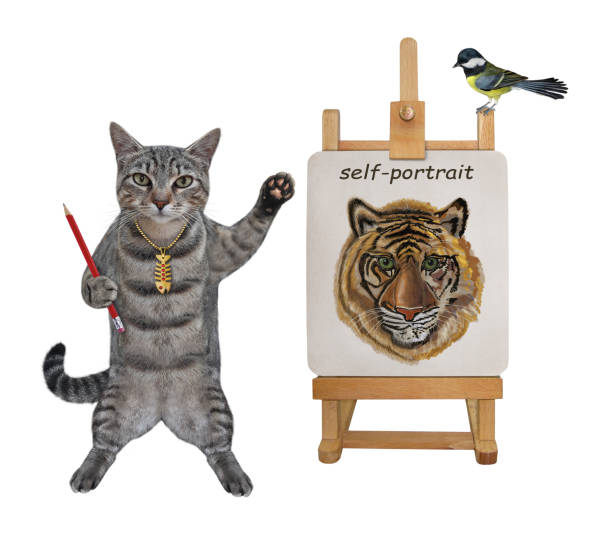istock Cat gray artist paints his self-portrait 2 1345467837