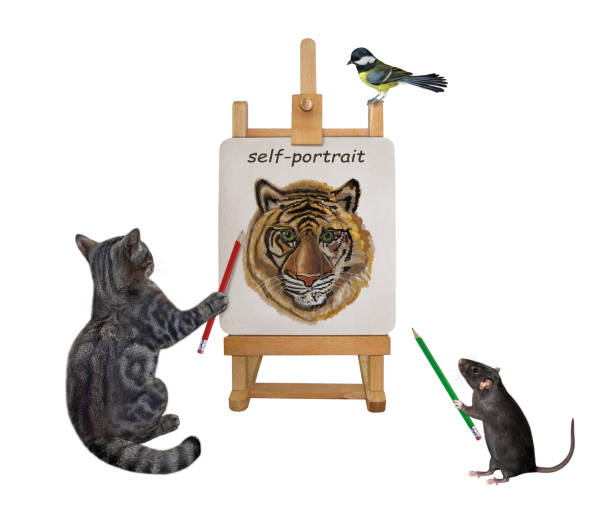 istock Cat gray2 artist paints his self-portrait 1345467847