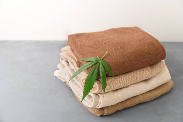 stack of hemp clothes with leaf