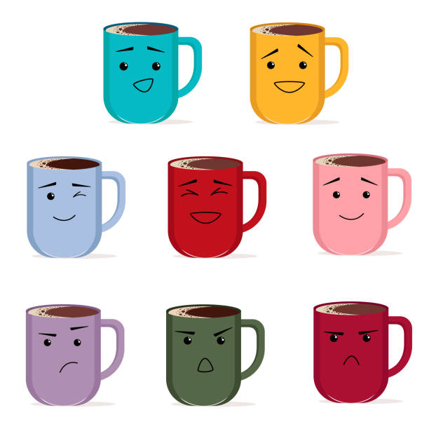 istock Set of colorful mugs or cups with different emotions. Funny face character on cups with a drink 1345468546