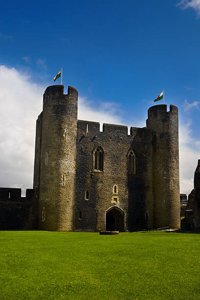 istock Courtyard of Caerphilly Castle with Welsh flags 134546951
