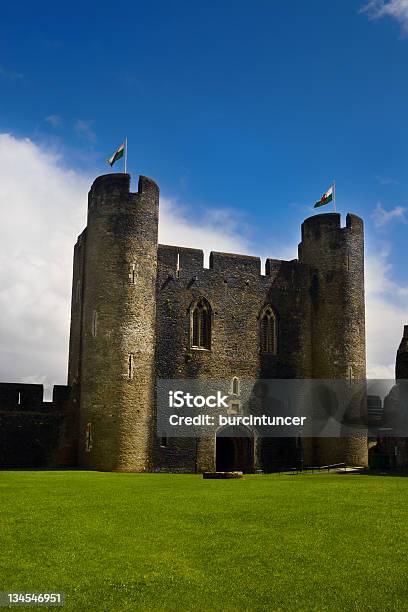 Dziedziniec Z Caerphilly Zamkowy Z Welsh Flags - zdjęcia stockowe i więcej obrazów Zamek Caerphilly - Zamek Caerphilly, Bez ludzi, Dziedziniec