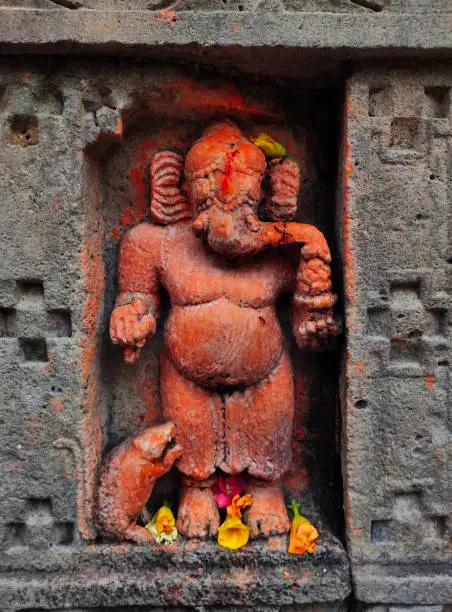 26 September 2021, Siddheshwar Temple, Newasa, Maharashtra, India, Beautiful Ganesh idol engraved on the walls on all sides of the temple.
