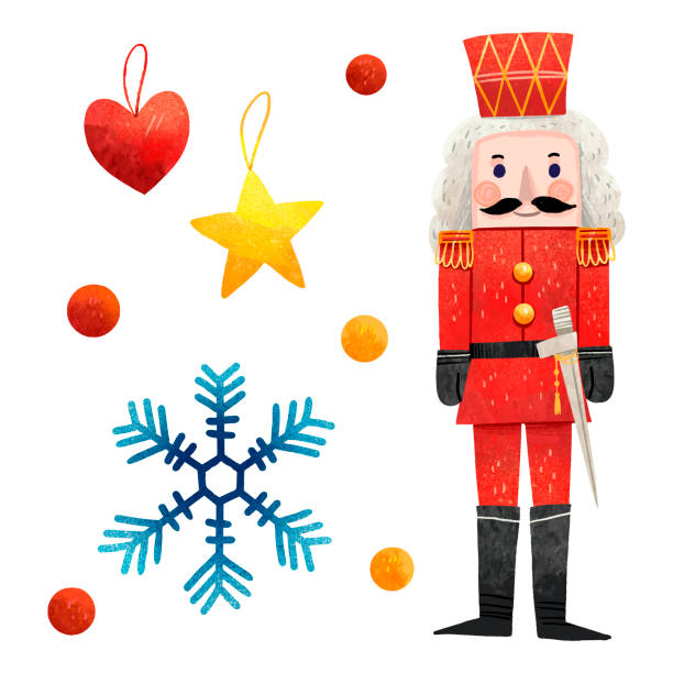 ilustrações de stock, clip art, desenhos animados e ícones de a set of colorful christmas illustrations snowflake, nutcracker, sequins, decorations for the christmas tree heart and star - symbol snowflake doodle heart shape