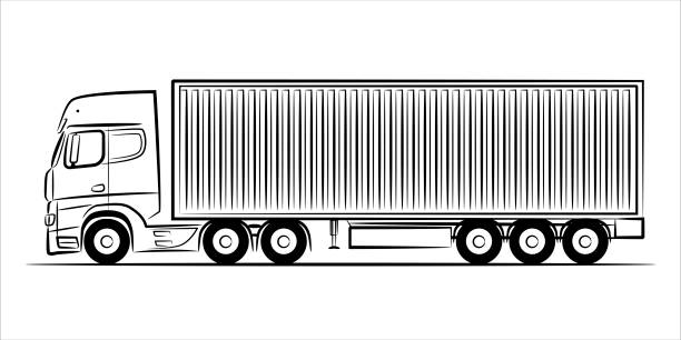 ilustrações, clipart, desenhos animados e ícones de silhueta abstrata do caminhão de contêineres em fundo branco.  uma arte de linha desenhada à mão de um caminhão de reboque. exibição de ilustração vetorial de lado. - truck semi truck silhouette vector