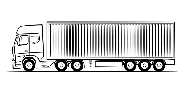 контейнеровоз абстрактный силуэт на белом фоне.  нарисованная от руки линия искусства прицепа грузовика. вид векторной иллюстрации сбоку. - vehicle trailer trucking white outline stock illustrations