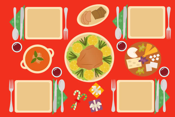 ilustrações de stock, clip art, desenhos animados e ícones de top view of christmas table with roast turkey, soup, cheese board and wine glasses. - christmas table