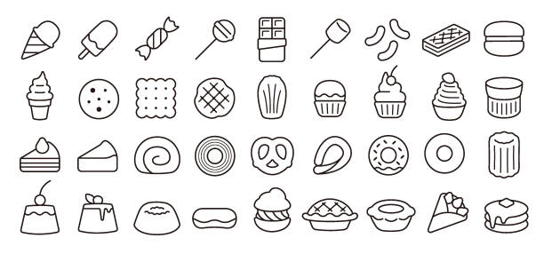 ilustraciones, imágenes clip art, dibujos animados e iconos de stock de conjunto de iconos de dulces (versión de línea delgada) - bavarian cream