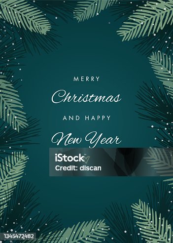 istock Christmas Holiday Card with Evergreen Silhouettes. 1345472482