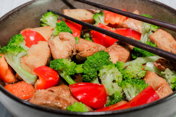Chicken fried and vegetable broccoli pepper