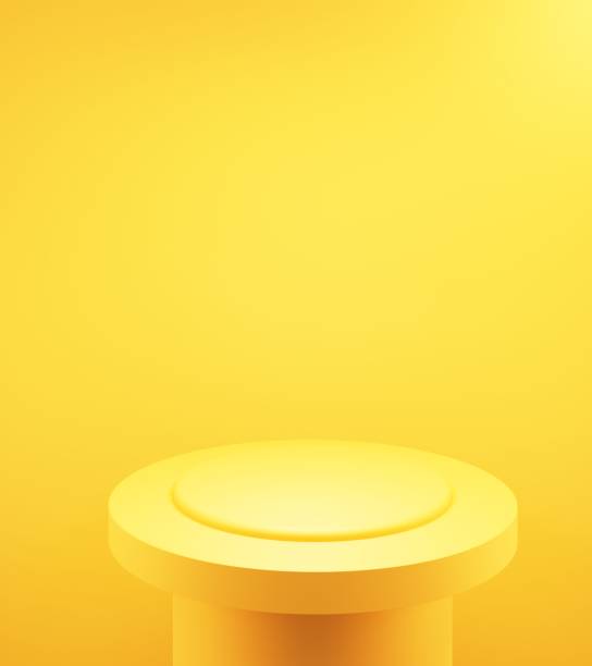 istock 3d rendering of empty yellow orange podium abstract minimal background. Scene for advertising design, cosmetic ads, show, technology, food, banner, cream, fashion,luxury. Illustration. Product display 1345475891