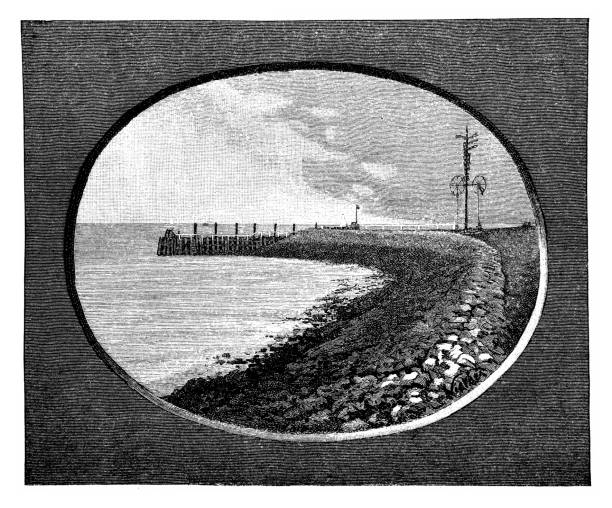 ilustrações de stock, clip art, desenhos animados e ícones de sea dike and alte liebe (old love, built 1733) near cuxhaven, germany - engraving engraved image coastline illustration and painting