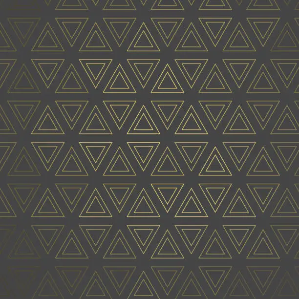 Vector illustration of 60 degree symmetry, Evenly spaced, equally sized, double outline triangle based pattern with golden reflection. Pattern background illustration. On dark gray.