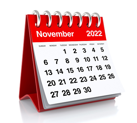 November 2022 Calendar. Isolated on White Background. 3D Illustration