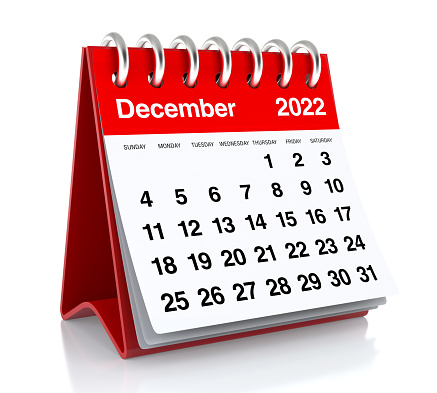 December 2022 Calendar. Isolated on White Background. 3D Illustration