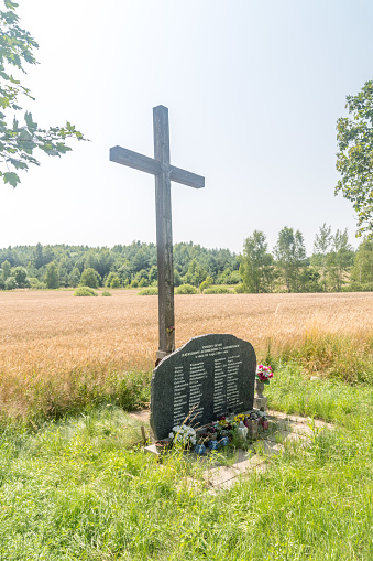 Gdansk, Poland - July 14, 2021: Cross in memory of the bus crash in Kokoszki on May 2, 1994.