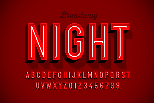 Broadway neon sign style font design, alphabet letters and numbers vector illustration