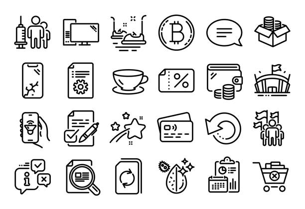 Vector set of Smartphone broken, Leadership and Espresso line icons set. Vector Vector set of Smartphone broken, Leadership and Espresso line icons set. Calendar report, Money wallet and Credit card tag. Recovery data, Falling star and Computer icons. Vector top up wallet stock illustrations