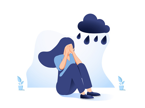 Lonely young girl sitting on floor and cover her face with arms. Sad child is crying. Female character feels depression, sorrow, grief. Concept of mental disorder or illness. Vector illustration