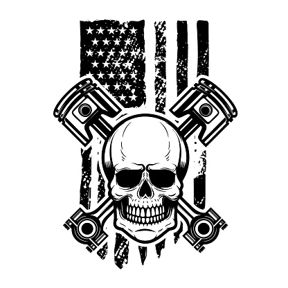 Skull with crossed pistons on american flag background. Design element for emblem, sign, poster, t shirt. Vector illustration