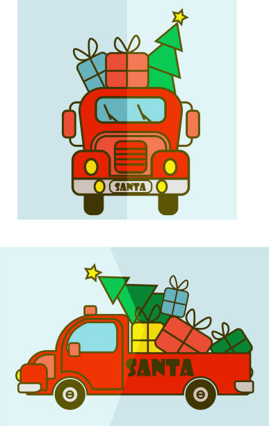 ilustrações, clipart, desenhos animados e ícones de caminhão do papai noel vermelho com presentes e árvore de natal - truck semi truck pick up truck car transporter