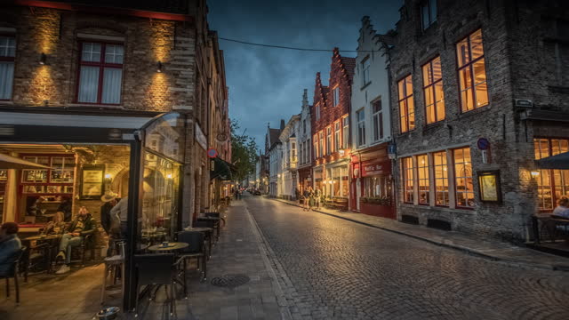 Old town of Bruges in Belgium at twilight - Tracking shot