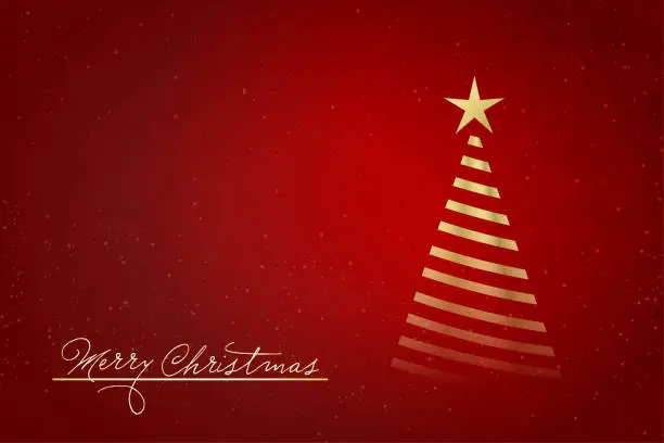 Vector illustration of Golden colored triangular tree having stripes with a ribbon and a star over a vibrant dark maroon red horizontal Xmas festive vector backgrounds for greeting cards with text message Merry Christmas