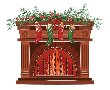 Christmas fireplace with socks, stockings, gifts and branches christmas tree. Christmas eve. Merry Christmas and happy New year. Vector illustration