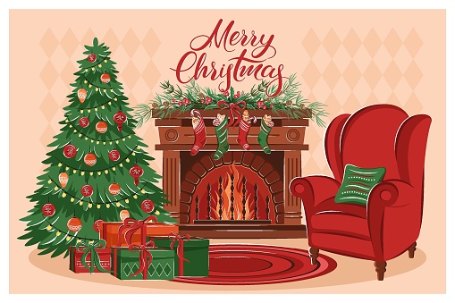 Christmas living room interior with fireplace, armchair, boxes with gifts, christmas tree and decorations. Merry Сhristmas lettering. Cozy winter vector illustration