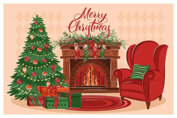 Vector illustration of fireplace  and armchair 02