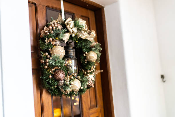 Christmas wreath hanging in front door