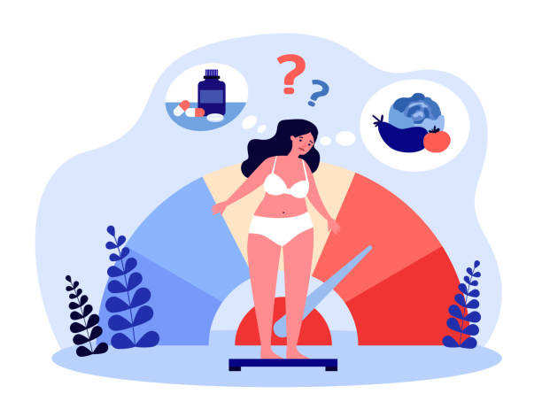Woman thinking about weight control Woman thinking about weight control. Girl in underwear standing on scale in doubt flat vector illustration. Dietary supplement, healthy diet concept for banner, website design or landing web page body conscious stock illustrations