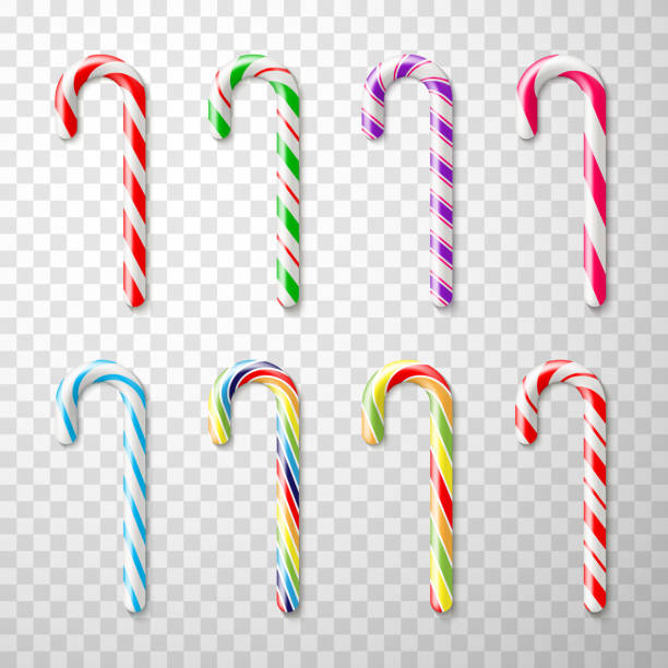 Realistic Christmas cane candy lollipop set vector illustration traditional Xmas holiday dessert Realistic Christmas cane candy lollipop set vector illustration. Collection of multicolored striped traditional Xmas holiday dessert isolated on transparent. Glossy festive sweet stick design template rainbow light effect transparent stock illustrations