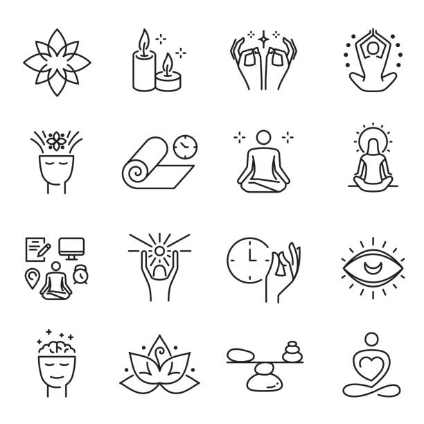ilustraciones, imágenes clip art, dibujos animados e iconos de stock de meditación espiritual monocromo línea icono set vector ilustración yoga práctica relajación - cuidado del cuerpo