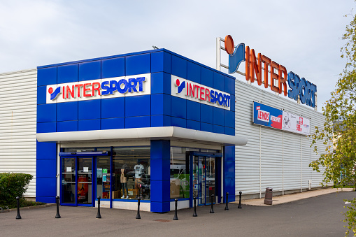 Bois-d'Arcy, France - October 7, 2021: Exterior view of an Intersport store. Intersport is an international group of sporting goods distribution companies based in Switzerland