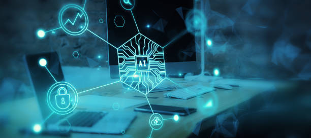 istock Close up of desktop with laptop and other devices and abstract glowing AI interface on dark background. Artificial intelligence and future concept. Double exposure. 1345498628